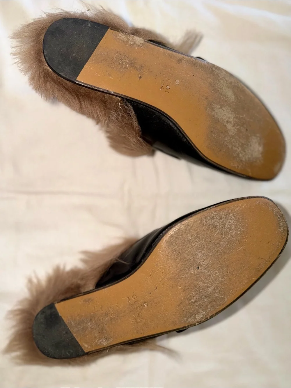 Gucci Black Leather Fur-Lined Mule with Green-Red Web & Gold Hardware